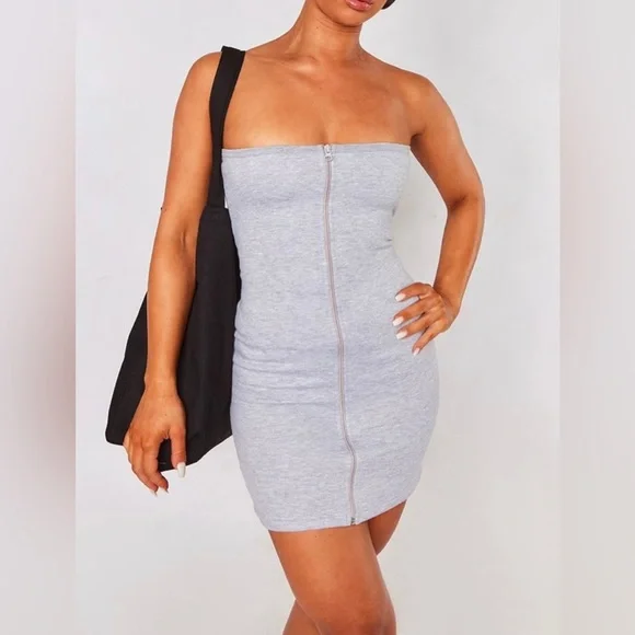 PrettyLittleThing Dresses Grey Marl Sweater Zip Up Bandeau